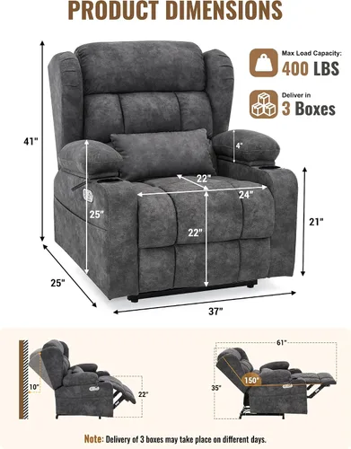 Vista 3 de Silla reclinable Power Rocker de gran tamaño, sofá reclinable eléctrico de Gris