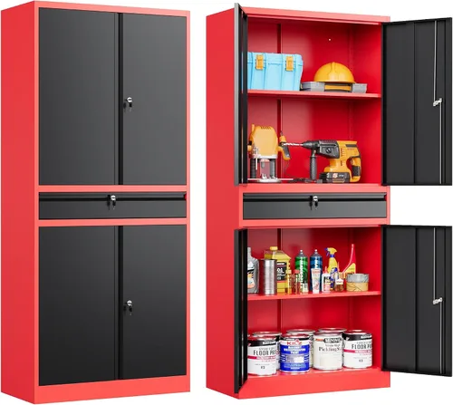 Vista 12 de SISESOL Gabinete de almacenamiento de metal ancho y profundo con ruedas, gabinete de almacenamiento de garaje alto rodante con cerradura, gabinetes