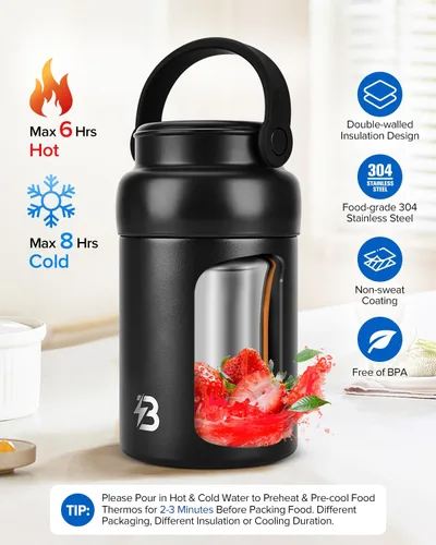 Vista 2 de Tarro térmico para alimentos, recipientes de almuerzo aislados al vacío de acero inoxidable de 20 onzas con cuchara, termo de boca ancha