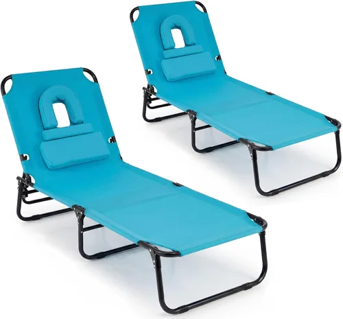 Vista 15 de Giantex Silla bronceadora, silla de patio ajustable con orificio para la cara, almohadas extraíbles, correa de transporte, silla de diseño, silla