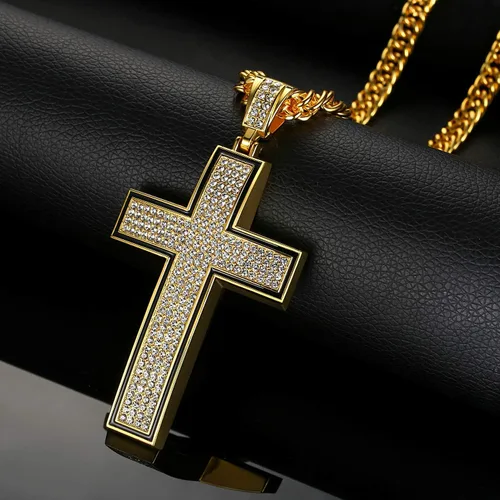 Vista 4 de NYUK Disfraz de cadena de oro para hombre con cruz, Cadena de oro para hombre