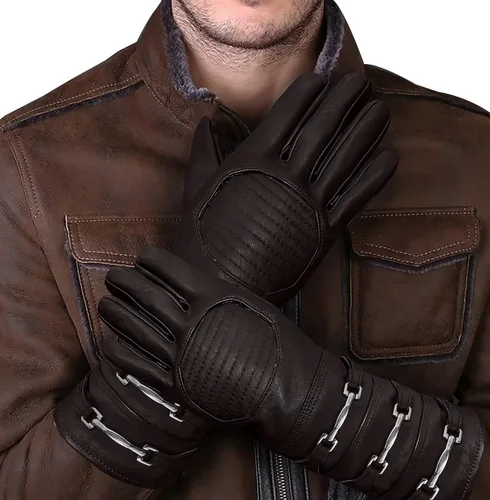 Vista 3 de URBAN BUCK Guante de disfraz de cuero de oveja real, guantelete de cielo, ajuste regular, puño largo para hombre, sin forro, guantes de cosplay