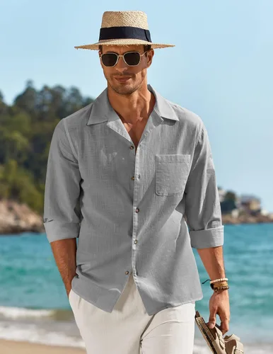 Vista 2 de COOFANDY Camisas de algodón y lino para hombre, de manga larga, casuales, con botones, para la playa