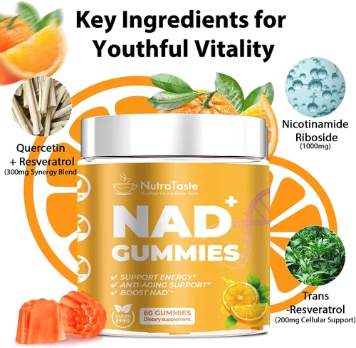 Vista 2 de Suplemento de gomitas NAD+, resveratrol y ribósido de nicotinamida, antienvejecimiento, energía y enfoque, sabor naranja, vegano, sin azúcar, 60