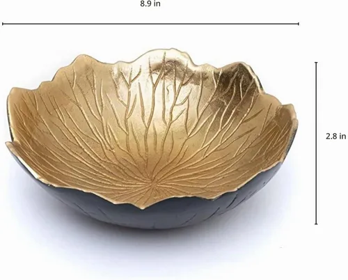 Vista 6 de Cuenco de hojas para servir frutas, aperitivos, negro y dorado, elegante decoración del hogar, mesa de mesa, charcutería, plato de tocador