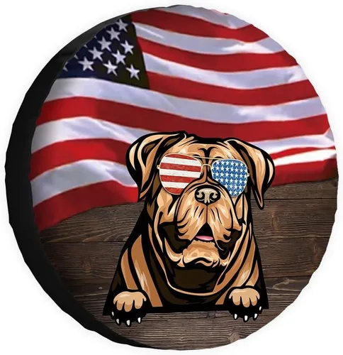 Vista 19 de Cubierta de neumático de repuesto para perro salchicha con gafas de sol con bandera de Estados Unidos, fundas protectoras de ruedas a prueba
