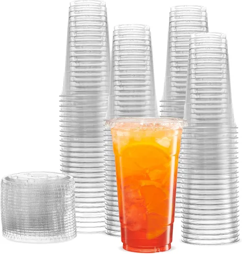 Vista 5 de Vasos de plástico transparente sin BPA con tapas, 24 onzas, tazas de café desechables con borde enrollado, tazas transparentes para agua, refrescos