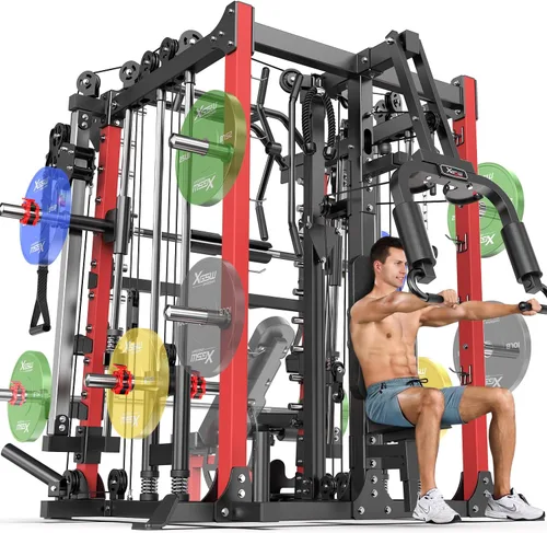 Vista 19 de Máquina Smith con sistema de cruce de cables, jaula de potencia multifunción para sentadillas y rack de potencia para gimnasio en casa, rack de Negro