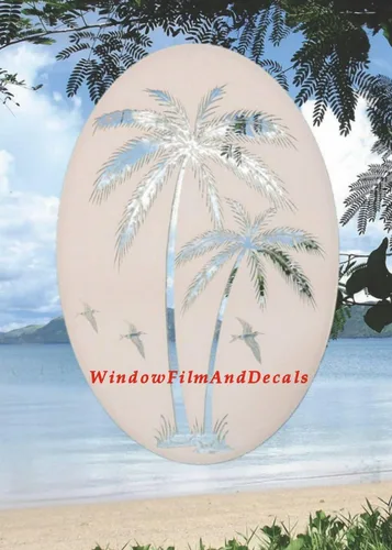 Vista 7 de Calcomanía ovalada de vinilo para ventana, diseño de palmeras inclinadas, 8 x 12 pulgadas, color blanco con elementos de diseño transparente