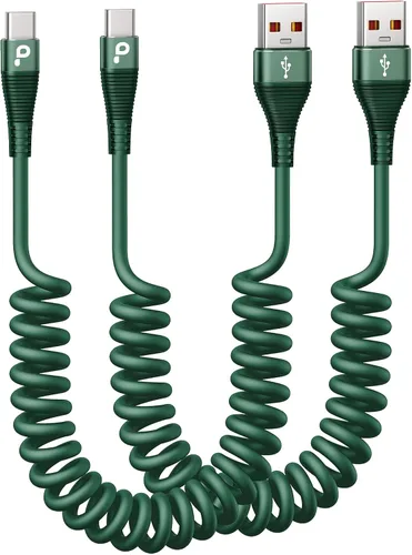 Vista 10 de Cable USB C de carga rápida, paquete de 2 cables de carga USB A a USB C en espiral de 3 pies para automóvil, cable de carga USB-C compatible