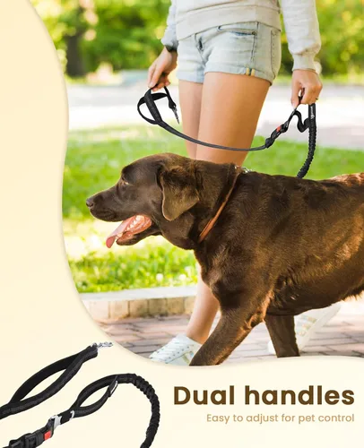 Vista 5 de Pecute Correa para perro manos libres con bolsa, riñonera con almohadillas suaves, asas acolchadas dobles y elástico absorbente de golpes