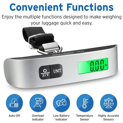 Vista 2 de HalyCares - Báscula de equipaje peso digital portátil para maleta asistente de equipaje de viaje sensor de temperatura 110 libras batería CR2032