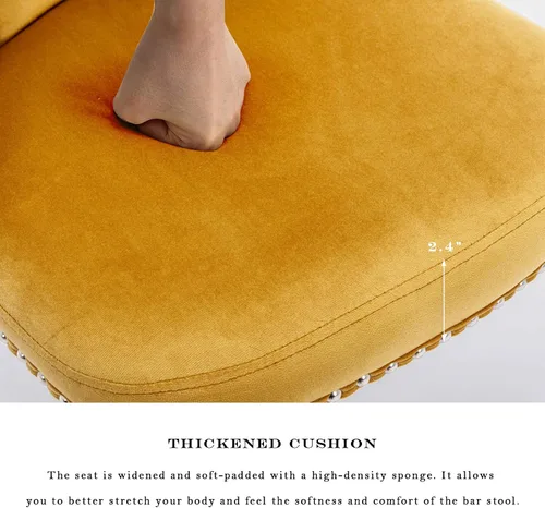 Vista 109 de SoarFlash Juego de 2 taburetes de bar tapizados de terciopelo moderno con patas de madera, botones acolchados, cabeza de clavo cromada, asiento