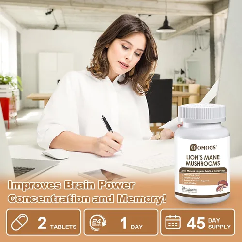 Vista 5 de OMOGS Cápsulas de suplemento de complejo de hongos extracto 10:1, suplemento de melena de león con Cordyceps, Reishi, para la salud del cerebro