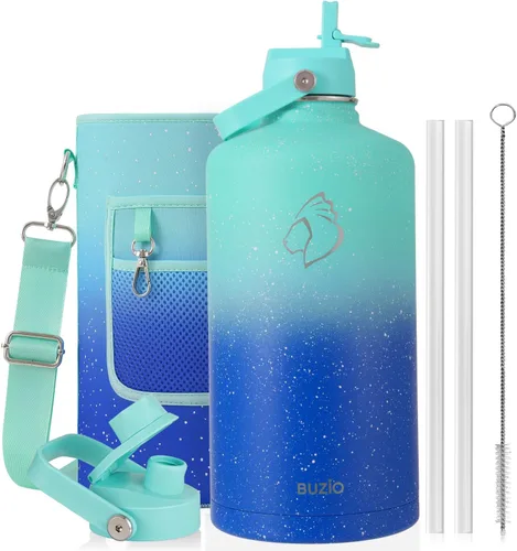 Vista 34 de BUZIO Botella de agua aislada de 24 oz, frasco de agua de boca ancha de acero inoxidable con tapa de pajita, frío durante 48 horas a prueba de Negro