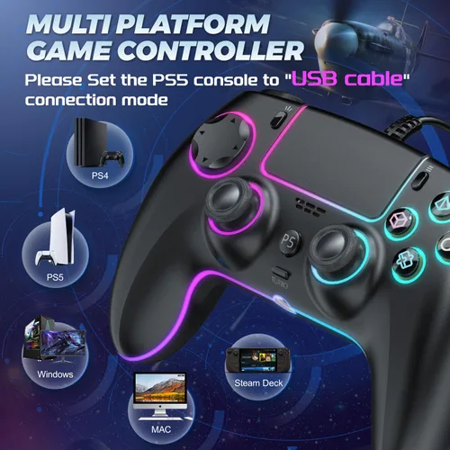 Vista 2 de GUOC Wired Controller Compatible for PS-5/Pro/Slim/PC, Hall Effect Sticks & 7 RGB LED Mode & haptic Feedback & Motion Sensing, 3.5mm Audio Jack
