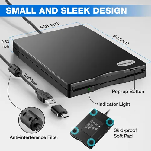 Vista 8 de Unidad de disquete externa portable con USB de 3.5 pulgadas, FDD de 1.44 MB para PC con Windows 2000, XP, Vista, 7, 8 o 10, o con Mac, no se
