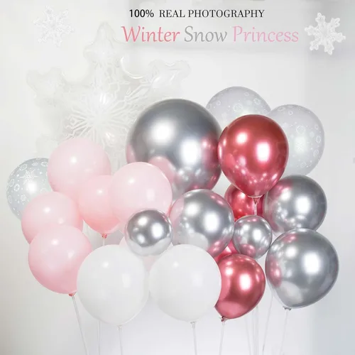 Vista 3 de Kit de arco de guirnalda de globos de invierno rosa, cromado, plateado, rojo y blanco con globos de copo de nieve para niñas Onederland princesa