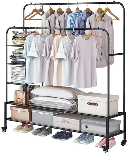 Vista 13 de SUOERNUO Perchero con ruedas para ropa, estante para colgar ropa resistente, estante metálico enrollable para dormitorio, armario (Negro)