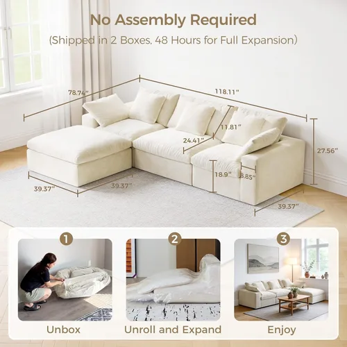 Vista 2 de Sofá modular de nube sin hueso en forma de L de 120 pulgadas, sofá modular con otomana Beige