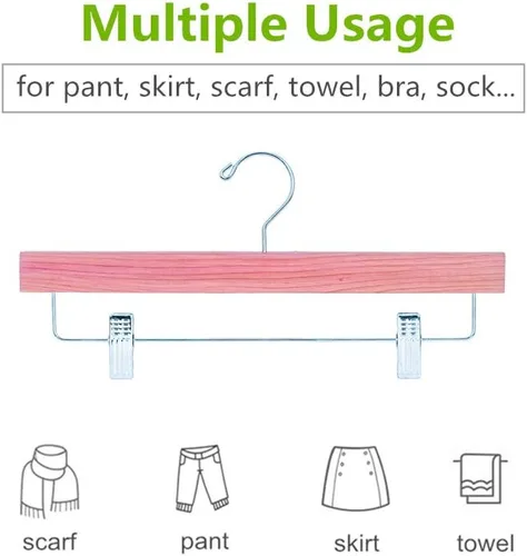 Vista 4 de Amber Home Paquete de 12 perchas para pantalones de madera de cedro rojo americano, perchas de madera de cedro natural con 2 clips ajustables