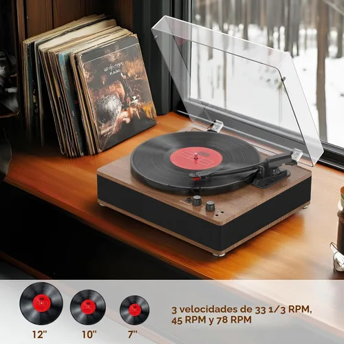 Vista 4 de Tocadiscos de vinilo de 3 velocidades, elegante plato giratorio Bluetooth de tamaño completo con entrada/salida Bluetooth, altavoces integrados