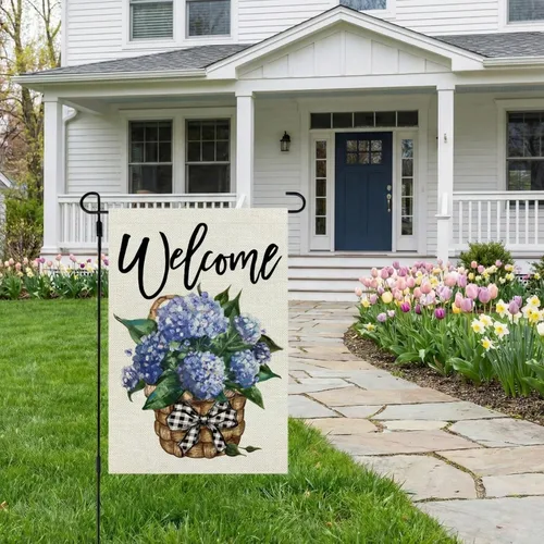 Vista 3 de Bandera de jardín de hortensias CROWNED BEAUTY primavera de doble cara 12x18 pulgadas para decoración floral pequeña al aire libre CF813-12