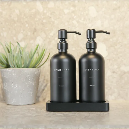 Vista 6 de Juego de dispensador de jabón negro mate Prus Waso, juego de dispensador de jabón de cocina con bomba de acero inoxidable negro, perfecto