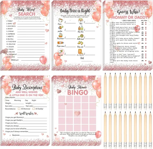 Vista 14 de Yinder 145 tarjetas de actividades para juegos de baby shower con 20 lápices, incluye descripción de bingo para bebés y deseos, adivina quién es