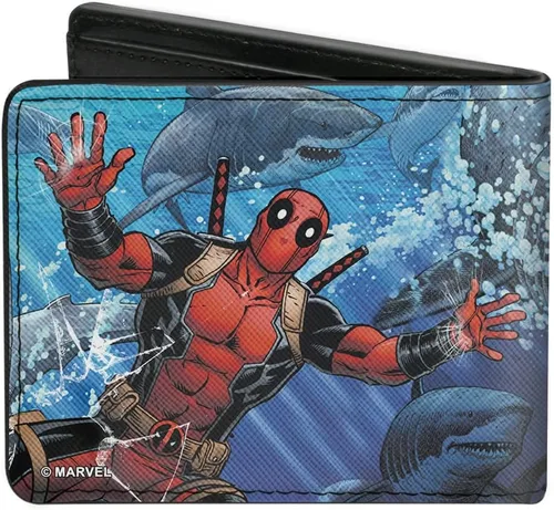 Vista 2 de Buckle-Down Cartera de Marvel Comics para hombre, plegable, Deadpool Underwater Shark Scenes Blues, cuero vegano, 4.0 x 3.5 pulgadas, deadpool