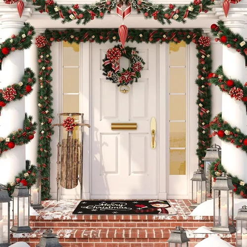 Vista 7 de Tatuo Tapete decorativo para puerta de Navidad, tapete de cocina, tapete decorativo de invierno, muñeco de nieve, tapete de bienvenida, Negro