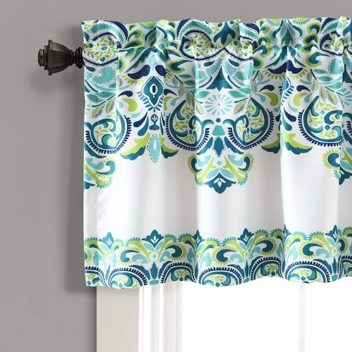 Vista 2 de Lush Decor Clara Valance - Cortina individual de estilo bohemio con estampado de damasco, cenefa, azul y verde