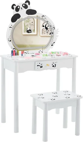 Vista 8 de ShyneeMakeup - Juego de tocador de madera de princesa con taburete acolchado, cajón, patas de madera y espejo, juego de maquillaje para niñas