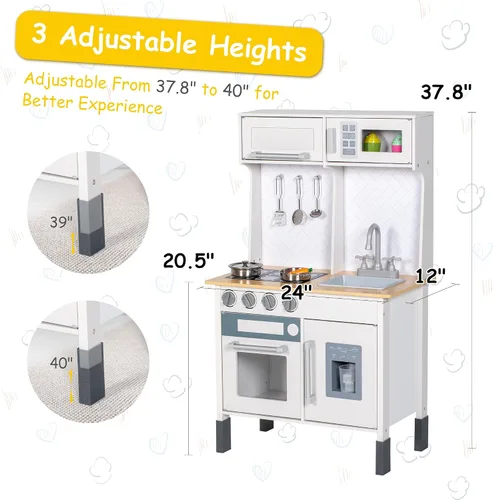 Vista 7 de Juego de cocina, cocina de madera para niños pequeños con grifo, fregadero, máquina de hielo, juguetes de cocina, alturas ajustables, estufa, cocina