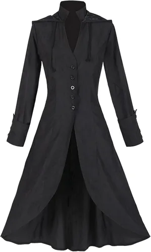 Vista 2 de Homisy Disfraces de Halloween para hombre, chaqueta de capa gótica punk de vapor retro de manga larga con capucha de metal con botones largos, Negro