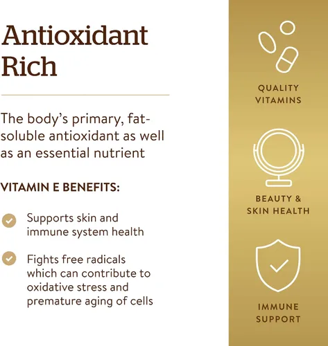 Vista 4 de Solgar Vitamina E 200 UI Alfa, 100 cápsulas blandas – Antioxidante, Envejecimiento saludable, Piel sana, Apoyo del sistema inmunológico – Fuente