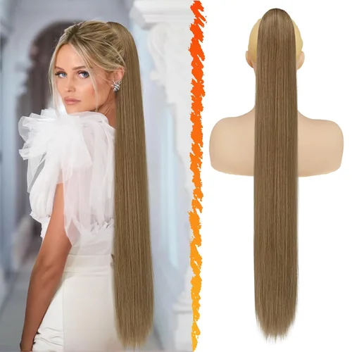 Vista 20 de Barsdar Extensión de cola de caballo marrón oscuro - Extensiones de cola de caballo cortas y rectas de 14 pulgadas con cordón para mujeres