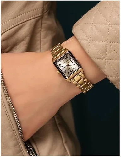 Vista 7 de Casio LTP-V007G-9B - Reloj de vestir rectangular de acero inoxidable con esfera dorada romana para mujer, Oro, Movimiento de cuarzo