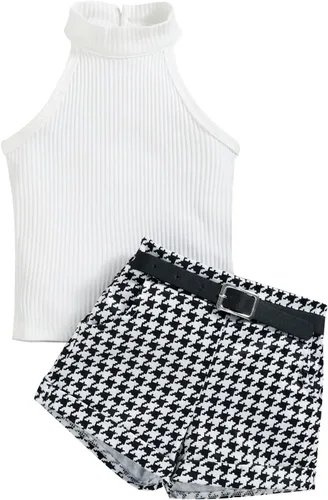 Vista 28 de TheFound Trajes de verano para niñas pequeñas, sin mangas, de punto acanalado, halter, pantalones cortos, ropa para recién nacidos, conjunto de 3