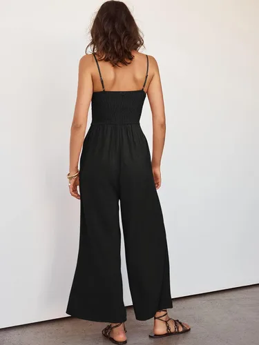 Vista 6 de ANRABESS - Mono de verano con recorte, tirantes delgados para mujer, cuello en V, cintura alta, fruncida, pierna ancha, con bolsillos