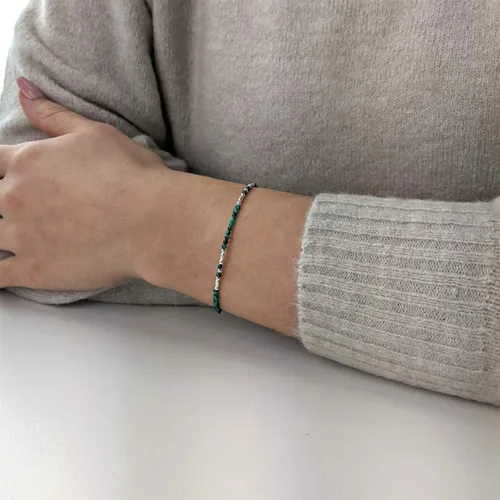 Vista 4 de 81stgeneration Pulsera de plata de ley 925 con piedras preciosas verdes para mujer, extensor de 15,5 + 1.0 in, pulsera de cuentas de malaquita