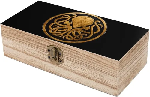 Vista 6 de Cthulhu - Caja de almacenamiento de madera organizadora con tapa con bisagras y cierre frontal para decoración del hogar