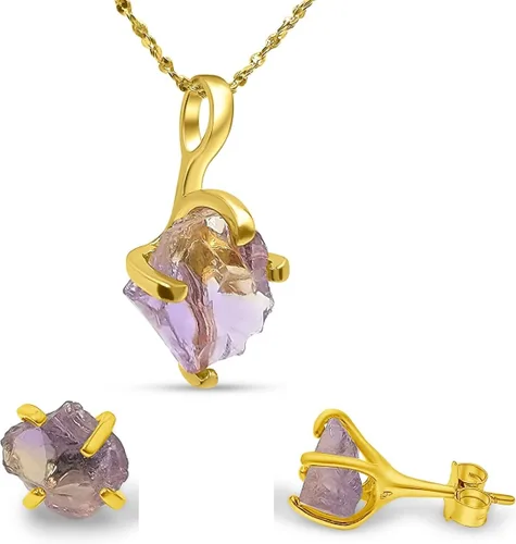 Vista 74 de Juego de joyas de piedras preciosas crudas reales con plata de ley 925 chapada en oro real, collar y aretes de piedra natal, regalo para ella por