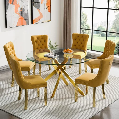 Vista 45 de Juego de mesa de comedor de cristal plateado moderno de 47 pulgadas para 2, juego de mesa de comedor de cocina redonda de 3 piezas con patas