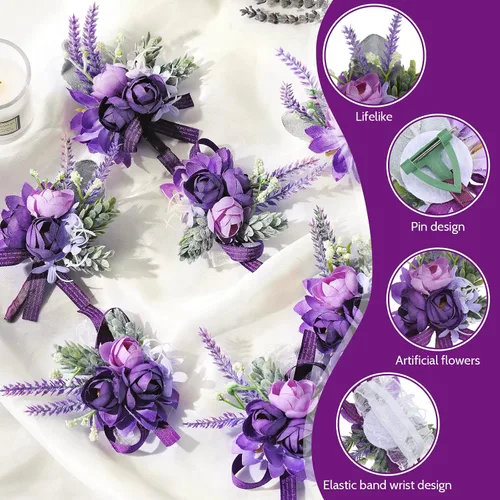 Vista 3 de Juego de 12 ramilletes de muñeca morados y boutonniere para novios, padrinos de boda, damas de honor, boda, fiesta, baile, decoración de flores