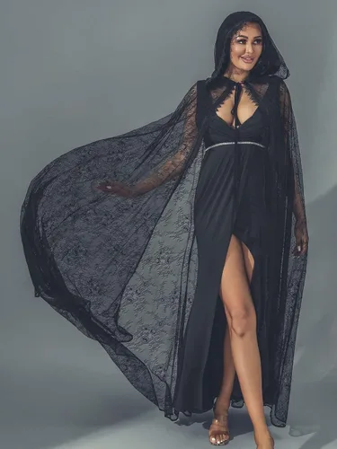 Vista 7 de GORAIS Capa larga con capucha de encaje para mujer, capa larga transparente de Halloween, para noche de boda