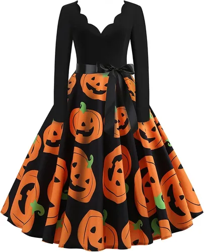 Vista 2 de Vestido de Halloween para mujer, estilo vintage de los años 50, estampado de calabaza, manga larga, cuello en V, talla grande, vestidos de noche