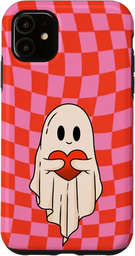 Vista 8 de Funda para iPhone 17 de San Valentín Retro Ghost Hugging Heart Checkerboard Rosa Rojo