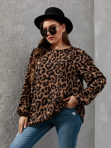 Vista 3 de OYOANGLE Blusa de manga larga con estampado de leopardo para mujer, talla grande, blusa suelta
