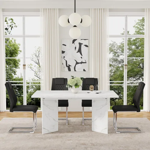 Vista 3 de Juego de mesa de comedor extensible de 63 a 79 pulgadas para 4, juego de mesa de cocina de mármol sintético blanco para 4, juego de mesa de comedor